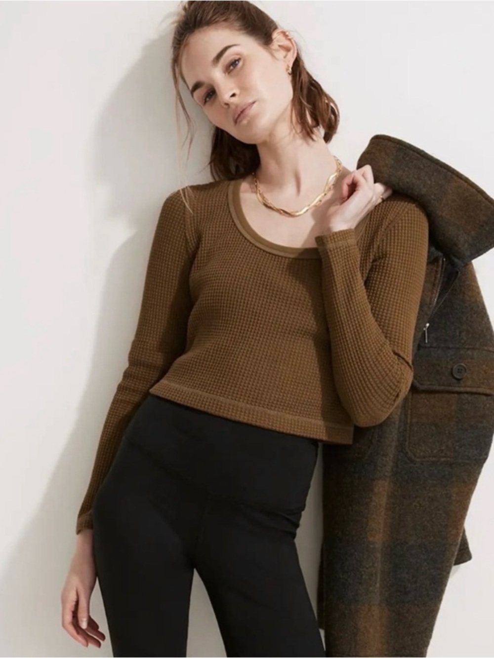 NWT Madewell MWL waffle knit long sleeve crop top Green Size Small